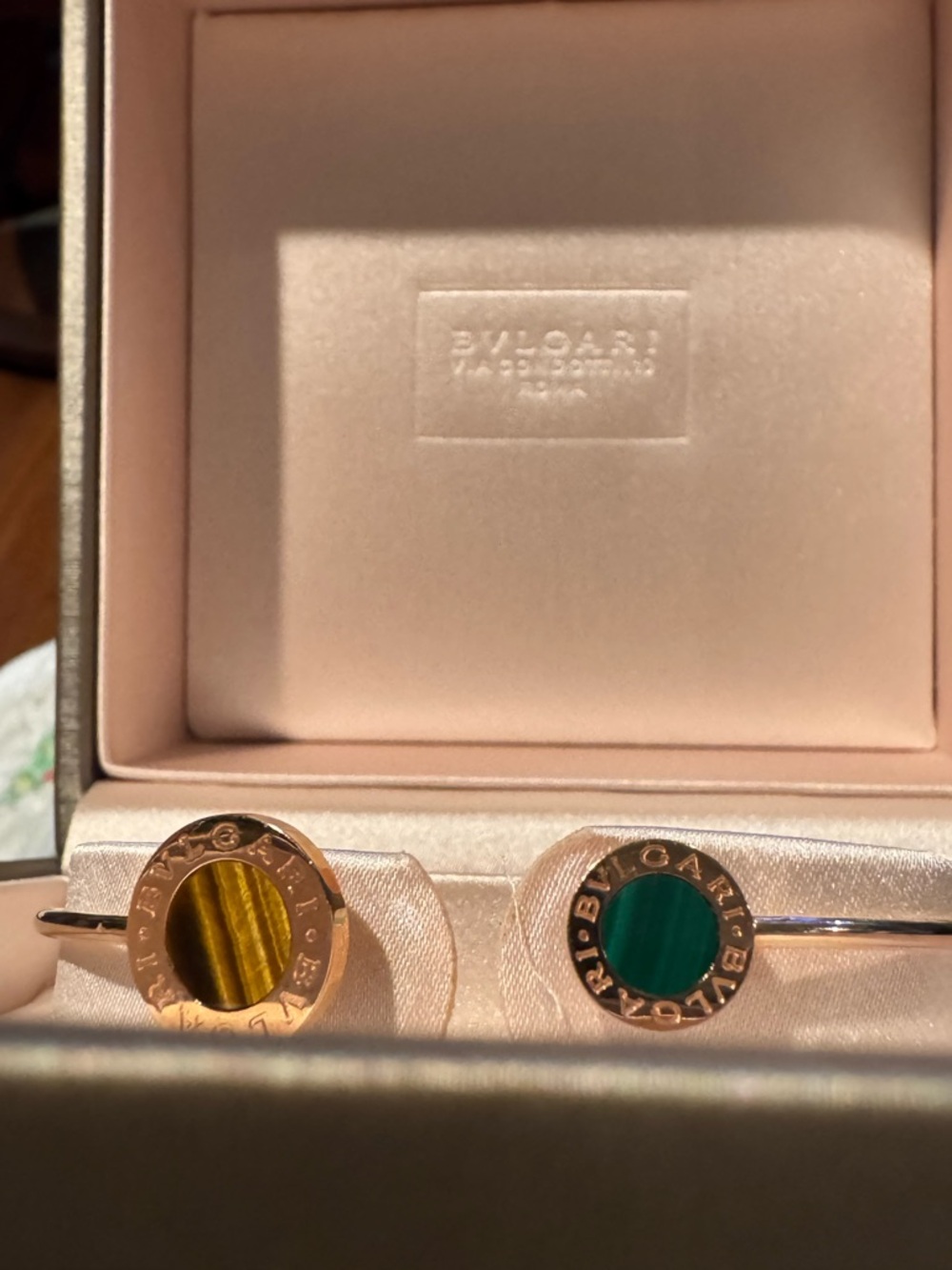 Bulgari Rose Gold Bracelet with Brown and GreenStone Accents.